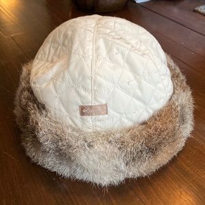 Columbia quilted beanie with fur trim.